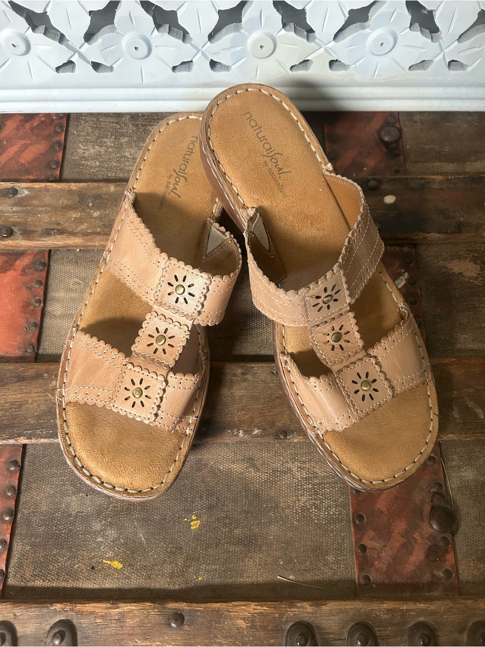 Natural Soul by Naturalizer Leather Slide‎ Sandals Tan Comfort 9M